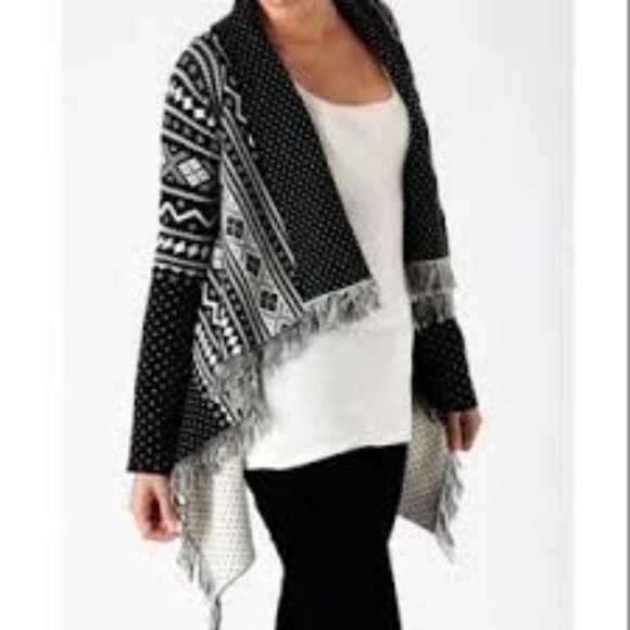 QUIKSILVER X-Small / Small Black White Open Cardigan Fringe Aztec Polka Dot Cozy - Picture 1 of 9